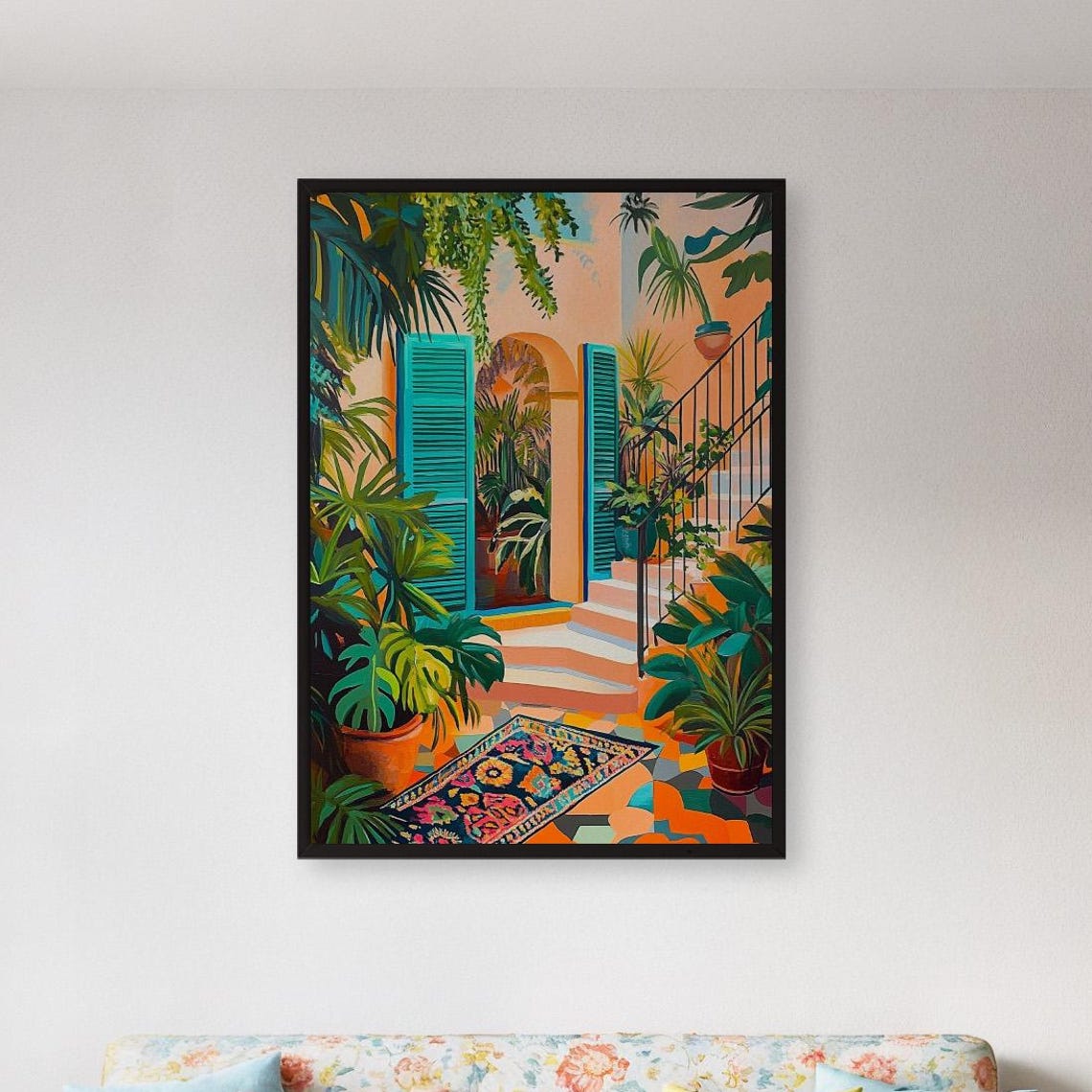 Spanish Courtyard Garden Painting Poster Tropical Patio Wall Decor
