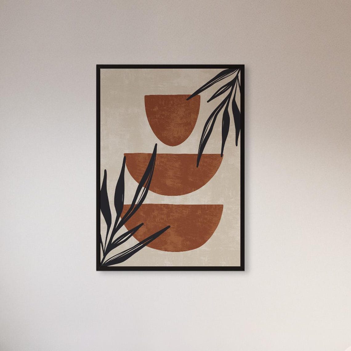 Terracotta Abstract Half Circle Shapes Black Leaf Silhouette Poster