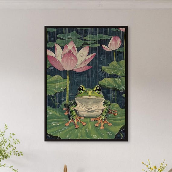 Framed Frog And Flower Wall Art Print Whimsical Rainy Pond Animal Poster Cute Zen Nature Decor Gift For Kids Room Or Green Spaces