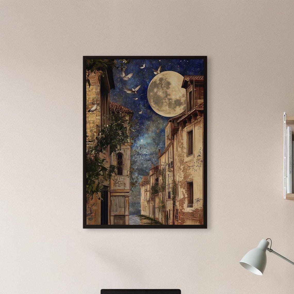 Moonlit Venice Alley Night Poster With Full Moon And Flying Birds