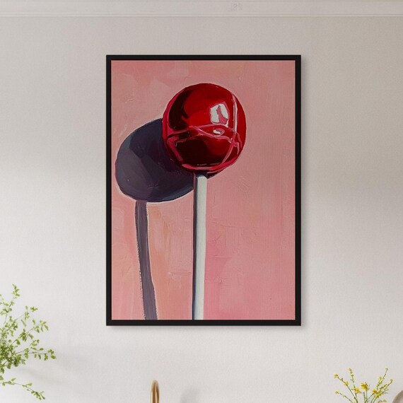 Glossy Cherry Lollipop Pop Art Wall Poster in Bold Red and Pink