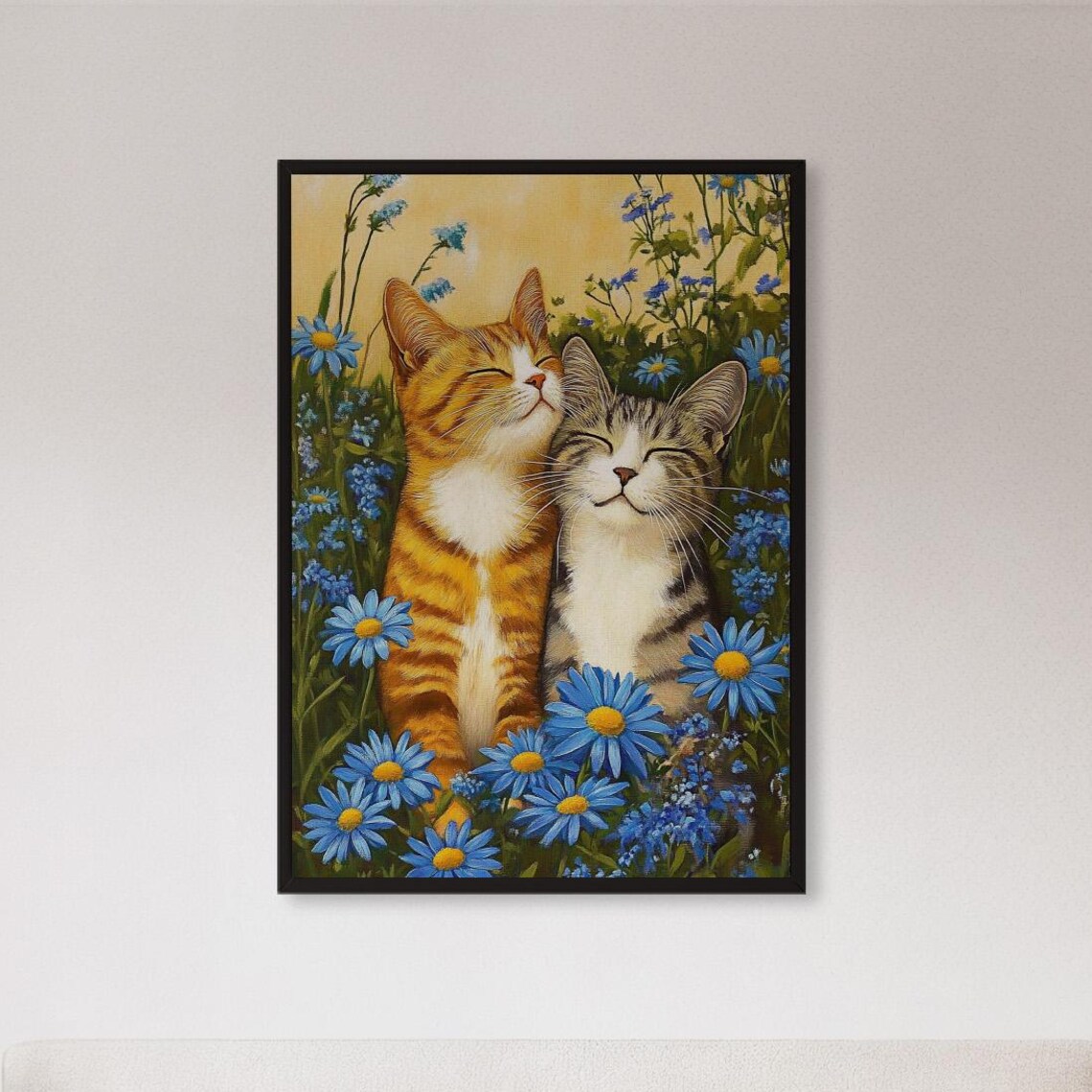 Cheek to Cheek Cats Among Blue Daisies Cozy Romantic Feline Poster