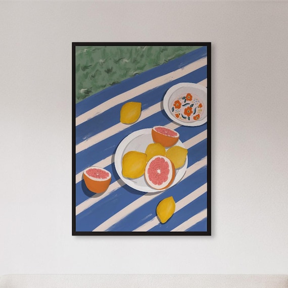 Mediterranean Citrus Still Life Lemon Grapefruit Blue Striped Poster