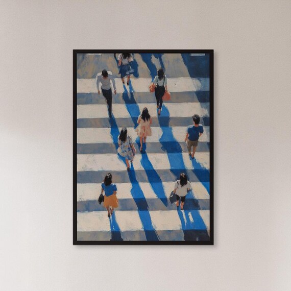 People Crossing Street Aerial View Oil Painting Long Shadows Urban Poster