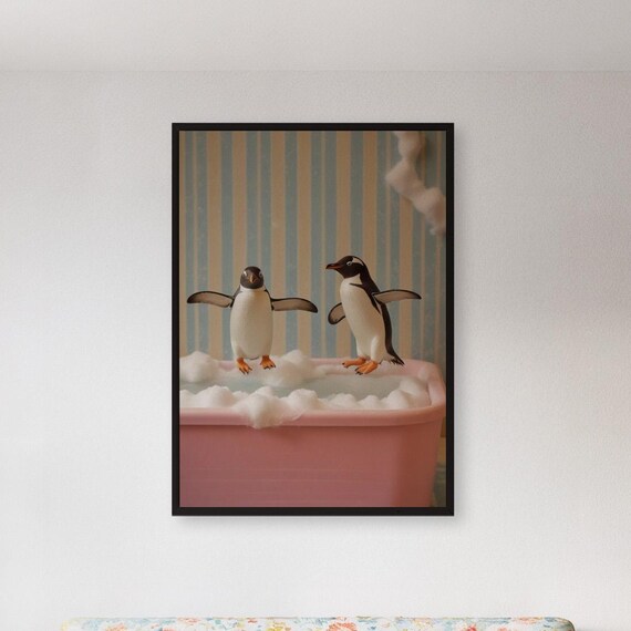 Two Penguins in Pink Bathtub Funny Bathroom Animal Art Poster