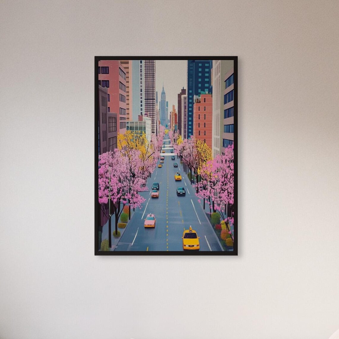 New York Street in Spring with Pink Trees and Yellow Taxis Poster