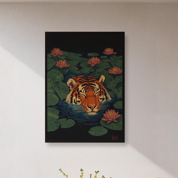 Framed Tiger In Pond Wall Art Print Dark Jungle Animal Poster Bold Nature Decor For Meditation Room Zen Gift Wildlife Lovers