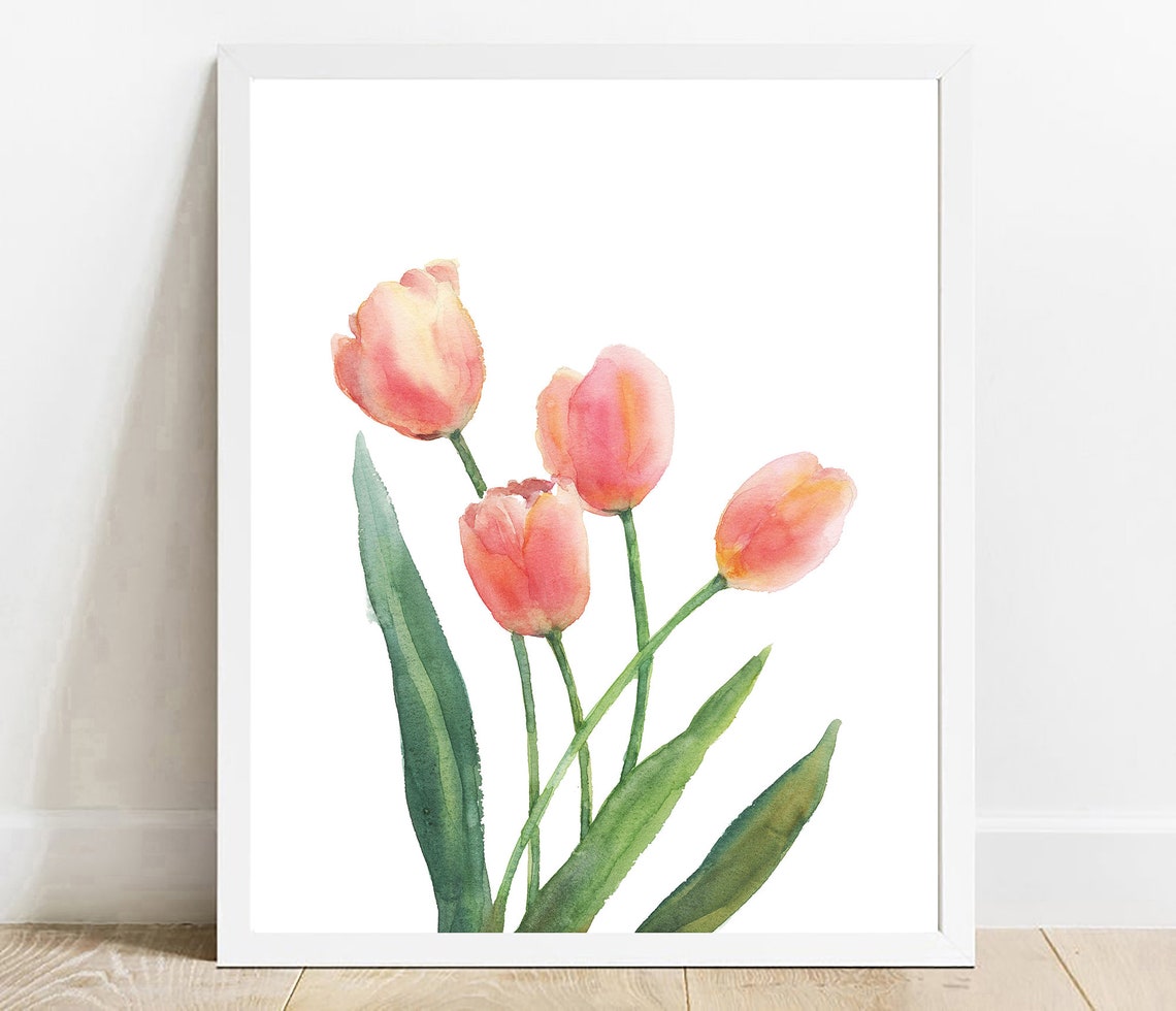 Peach Pink Tulip Watercolor Bouquet Minimalist Spring Botanical Poster