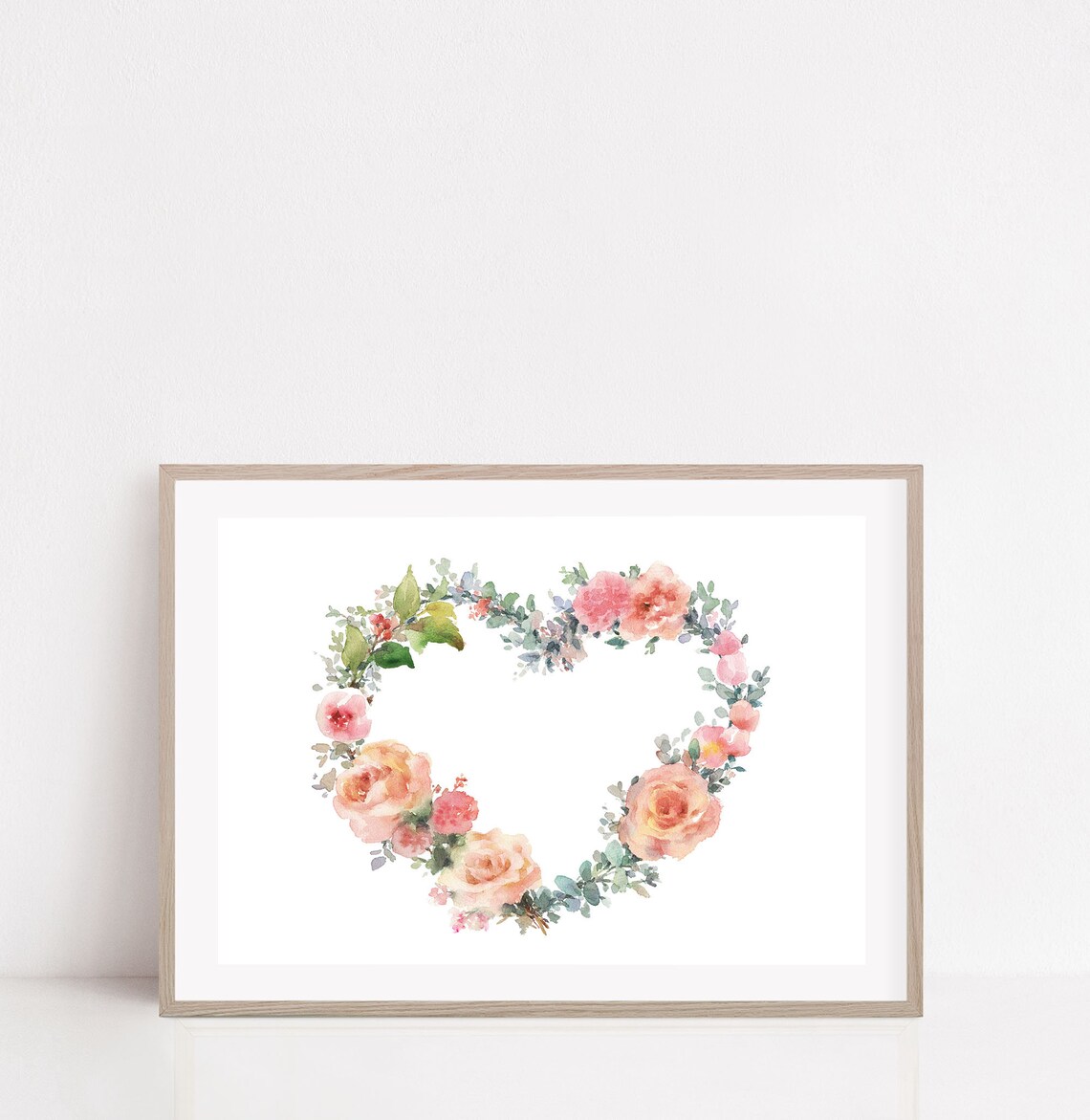 Watercolor Heart Floral Wreath Pink Roses Valentine Love Poster