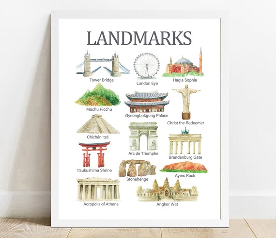 World Famous Landmarks Educational Chart Watercolor Kids Room Poster