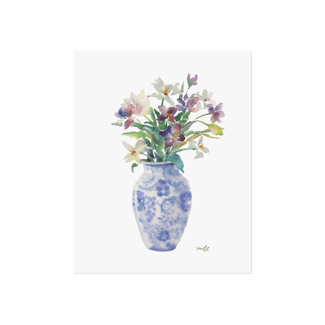 Watercolor Wildflowers Blue White Chinoiserie Vase Still Life Poster