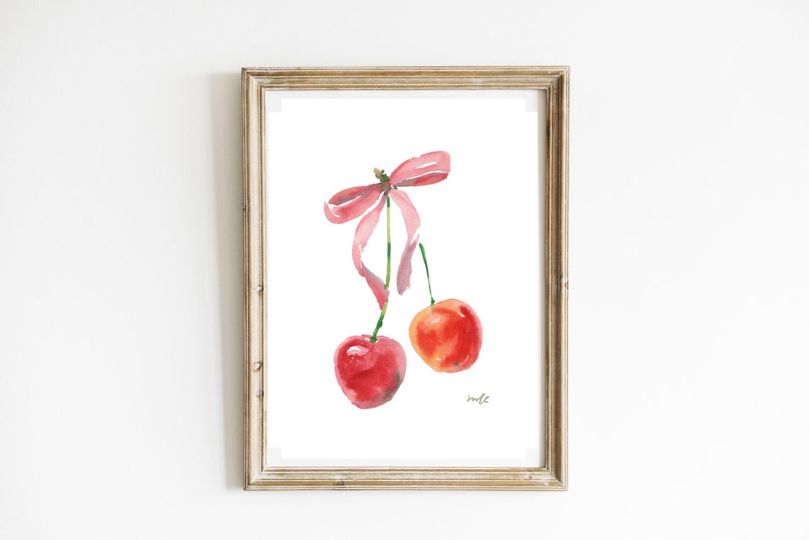 Watercolor Cherries with Pink Bow Sweet Fruit Art Kitchen Poster