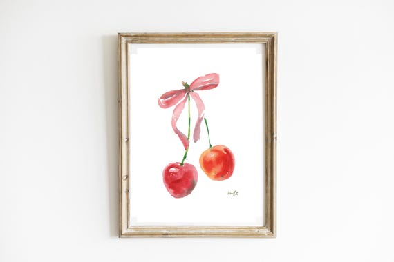 Watercolor Art Posters Cherry Ribbon Pair Handpainted Cute Blossom Flowers Home Decor Prints Wall