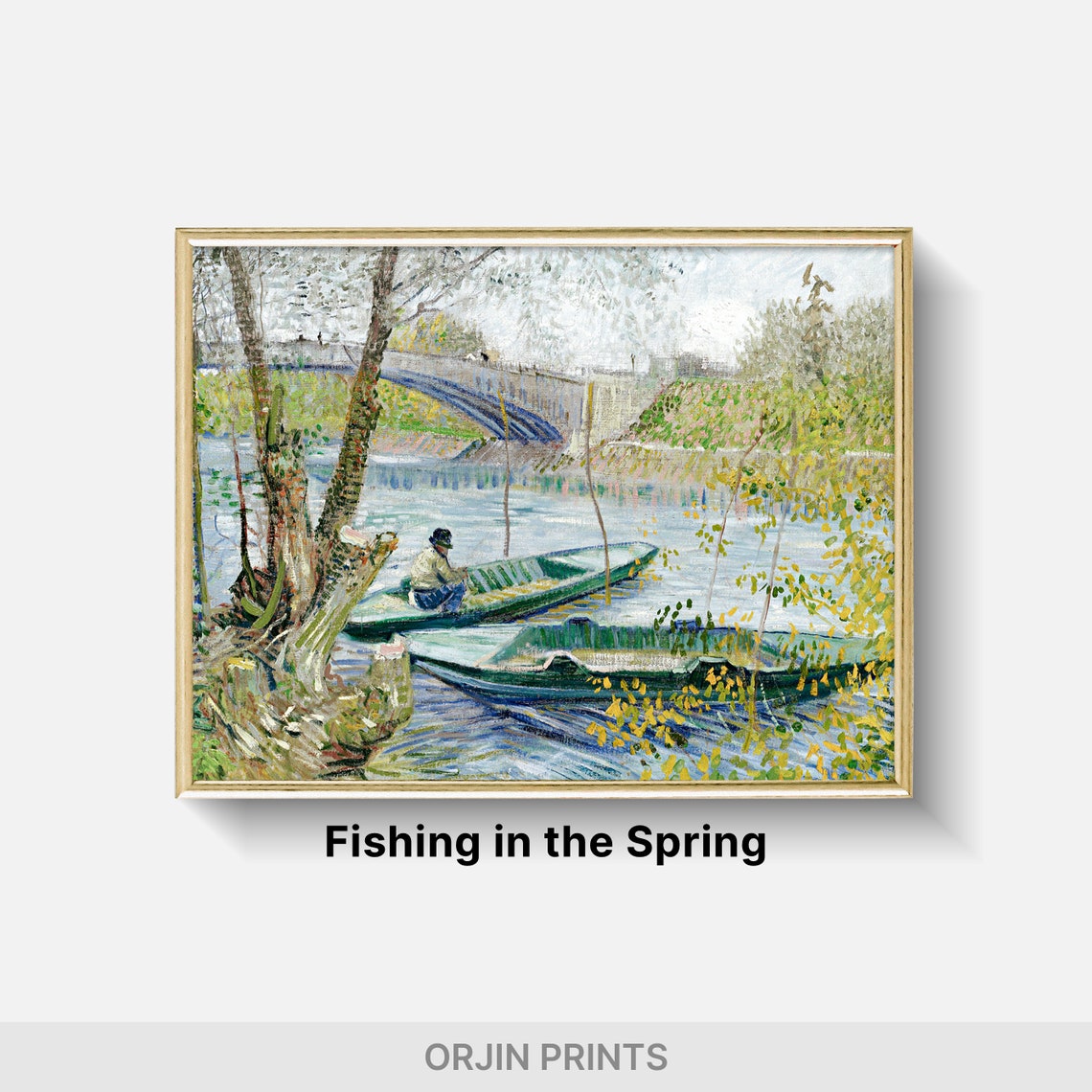 Fisherman Canoe Near Arched Bridge Vintage Painting Style Wall Art - Image 2