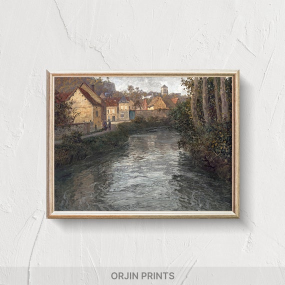 Tranquil Townscape Riverside Serenade Vintage Artwork Idyllic Nature Scene Orjin Prints 9929