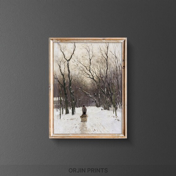 Snowy Woodland Path with Sled Figure Vintage Winter Forest Painting Poster