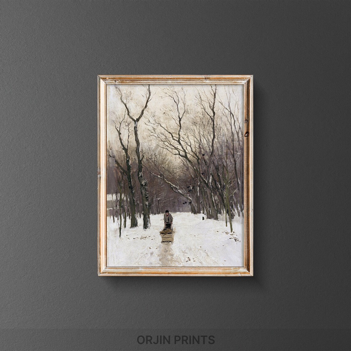 Snowy Woodland Path with Sled Figure Vintage Winter Forest Painting Poster