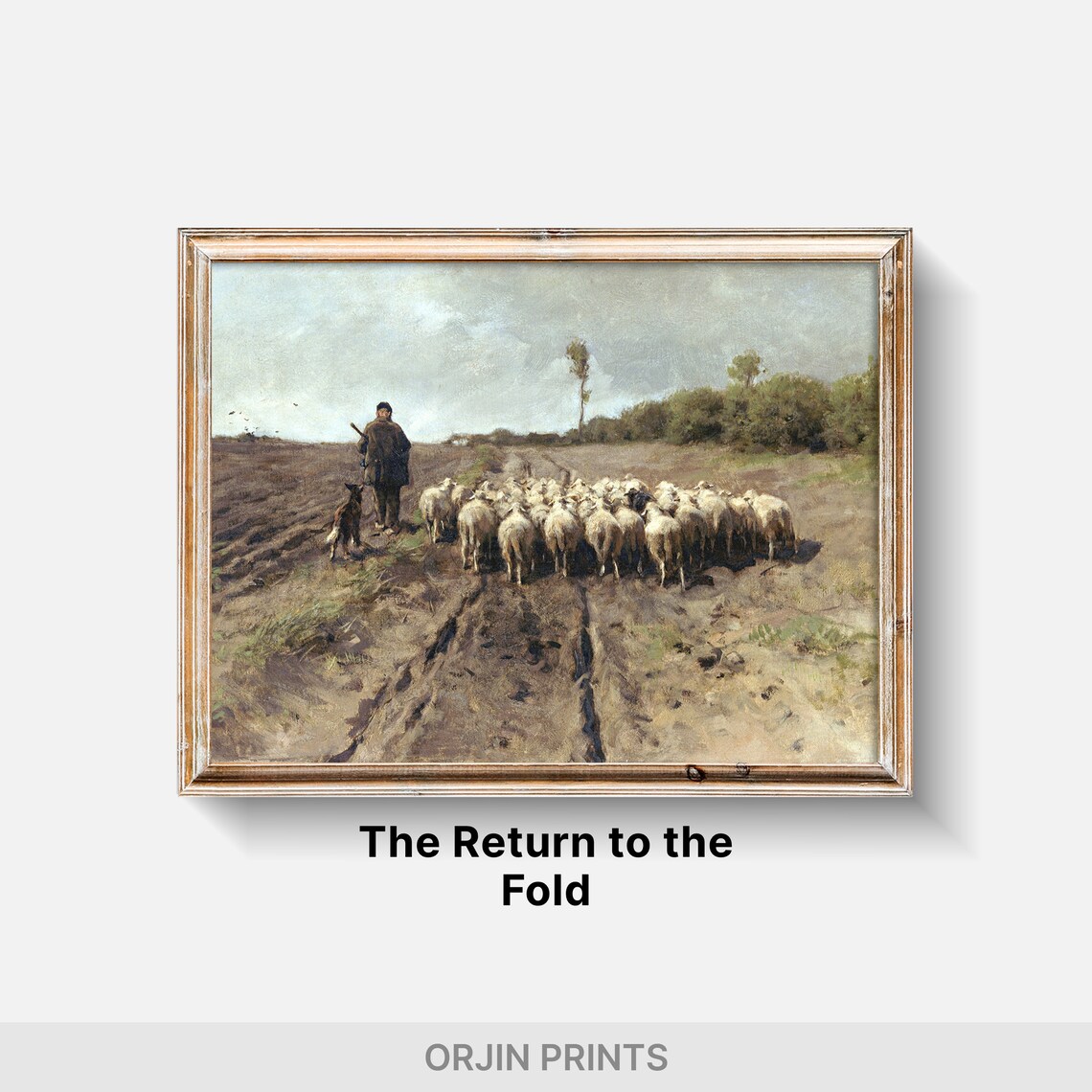 Gentle Shepherd Guiding Sheep Flock Pastoral Field Vintage Art Poster - Image 2