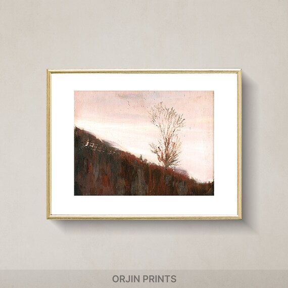 Rosy Dawn Fall Hillside with Lone Tree Rustic Autumn Landscape Painting Poster