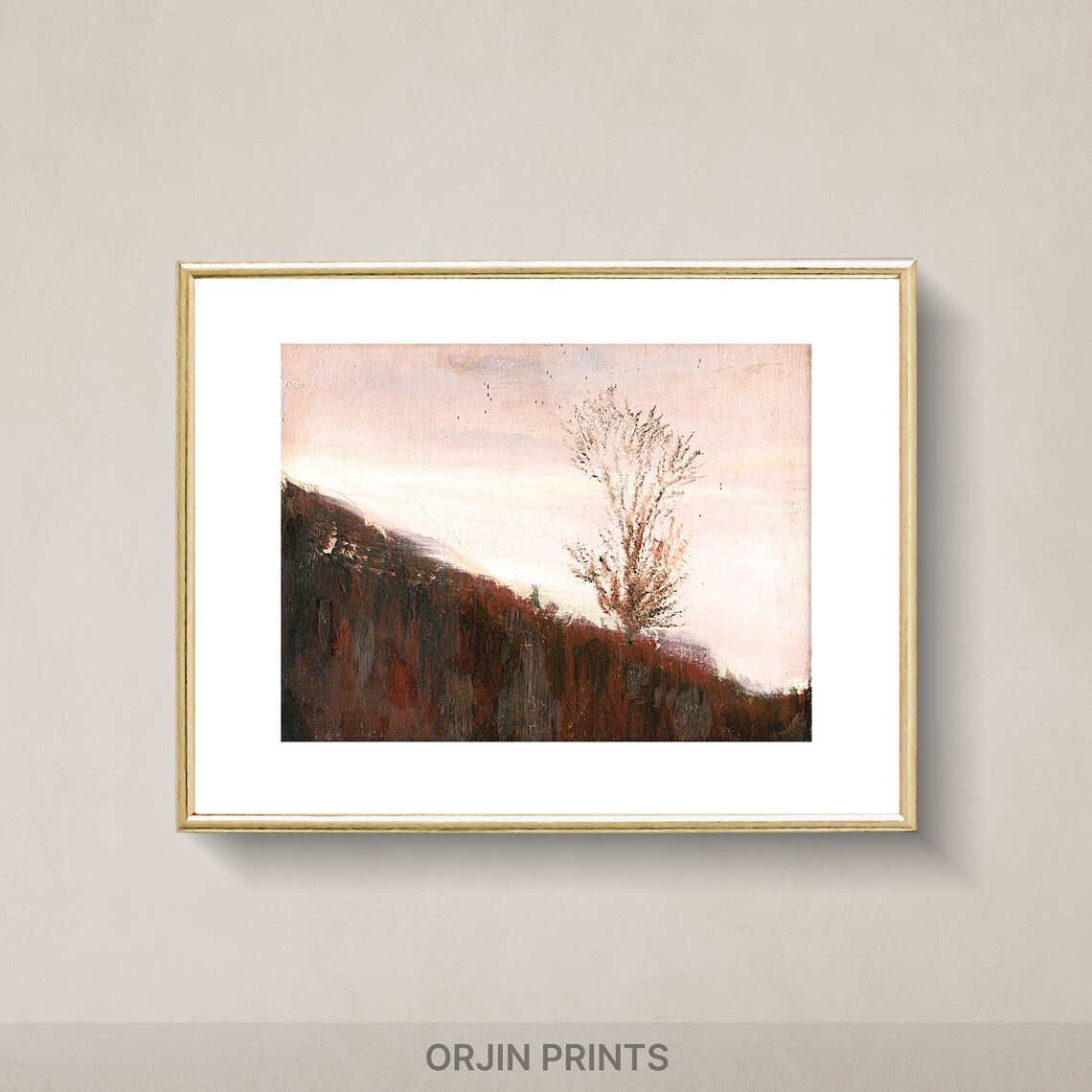 Rosy Dawn Fall Hillside with Lone Tree Rustic Autumn Landscape Painting Poster