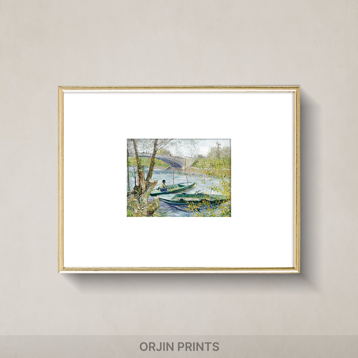 Fisherman Canoe Near Arched Bridge Vintage Painting Style Wall Art