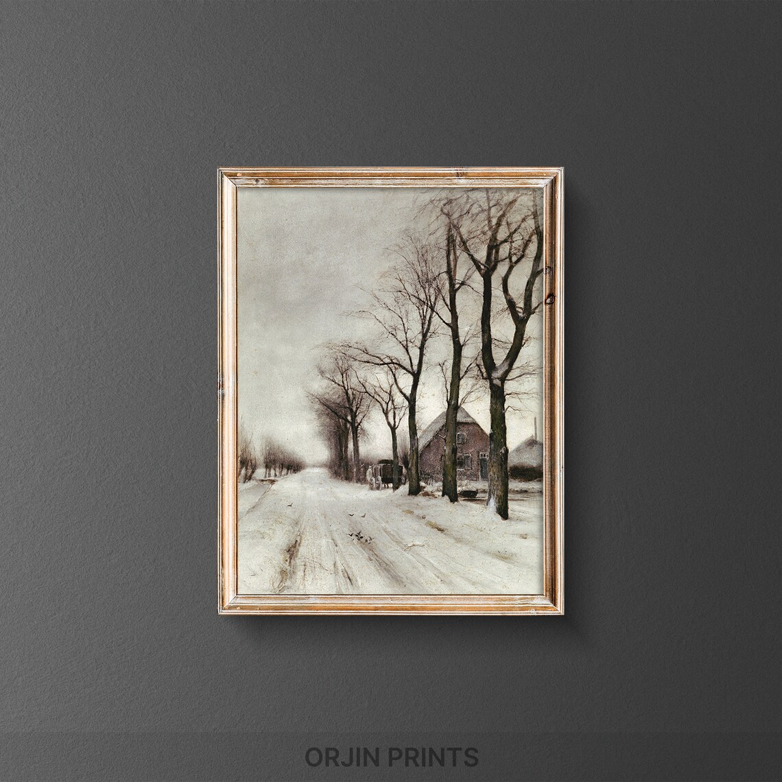 Cozy Snowy Village Road Bare Trees Farmhouse Quiet Winter Art Poster
