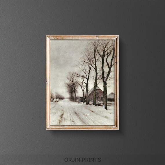 Cozy Snowy Village Road Bare Trees Farmhouse Quiet Winter Art Poster