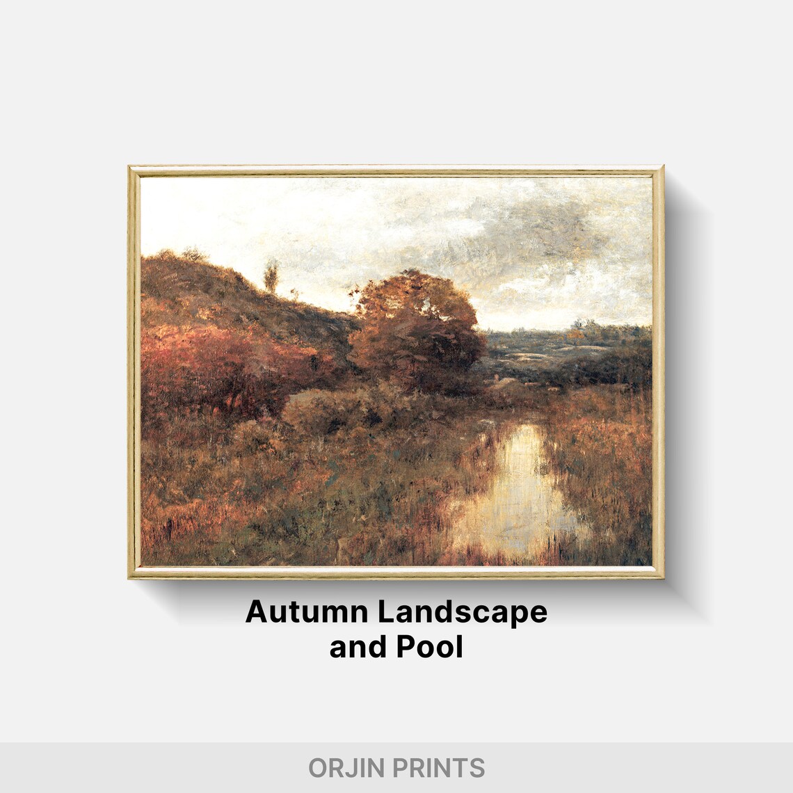 Autumn Pond Mirror Reflections Rustic Fall Hillside Oil Painting Poster - Image 2