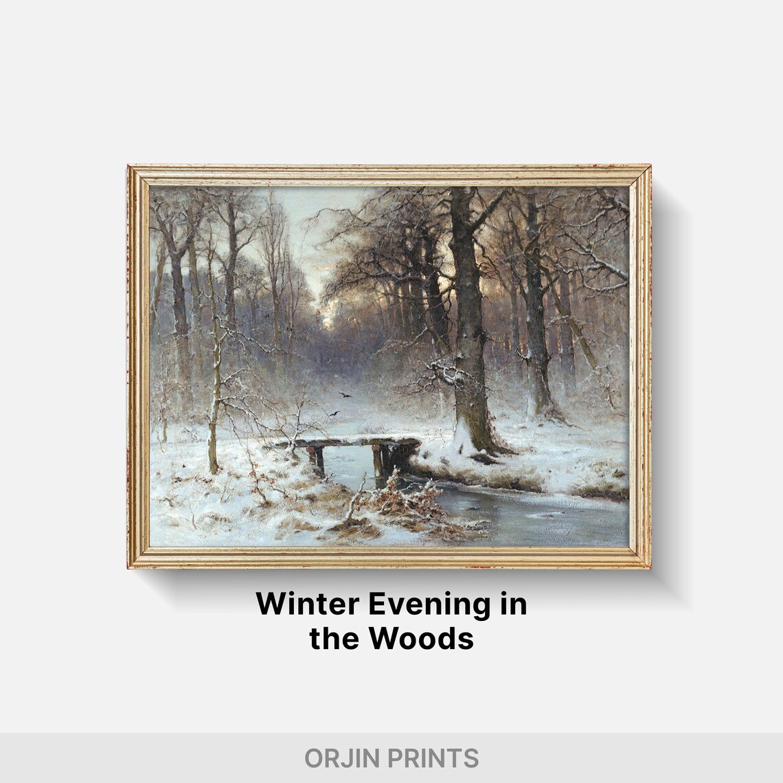 Snowy Forest Stream with Footbridge Winter Woodland Landscape Painting Poster - Image 2