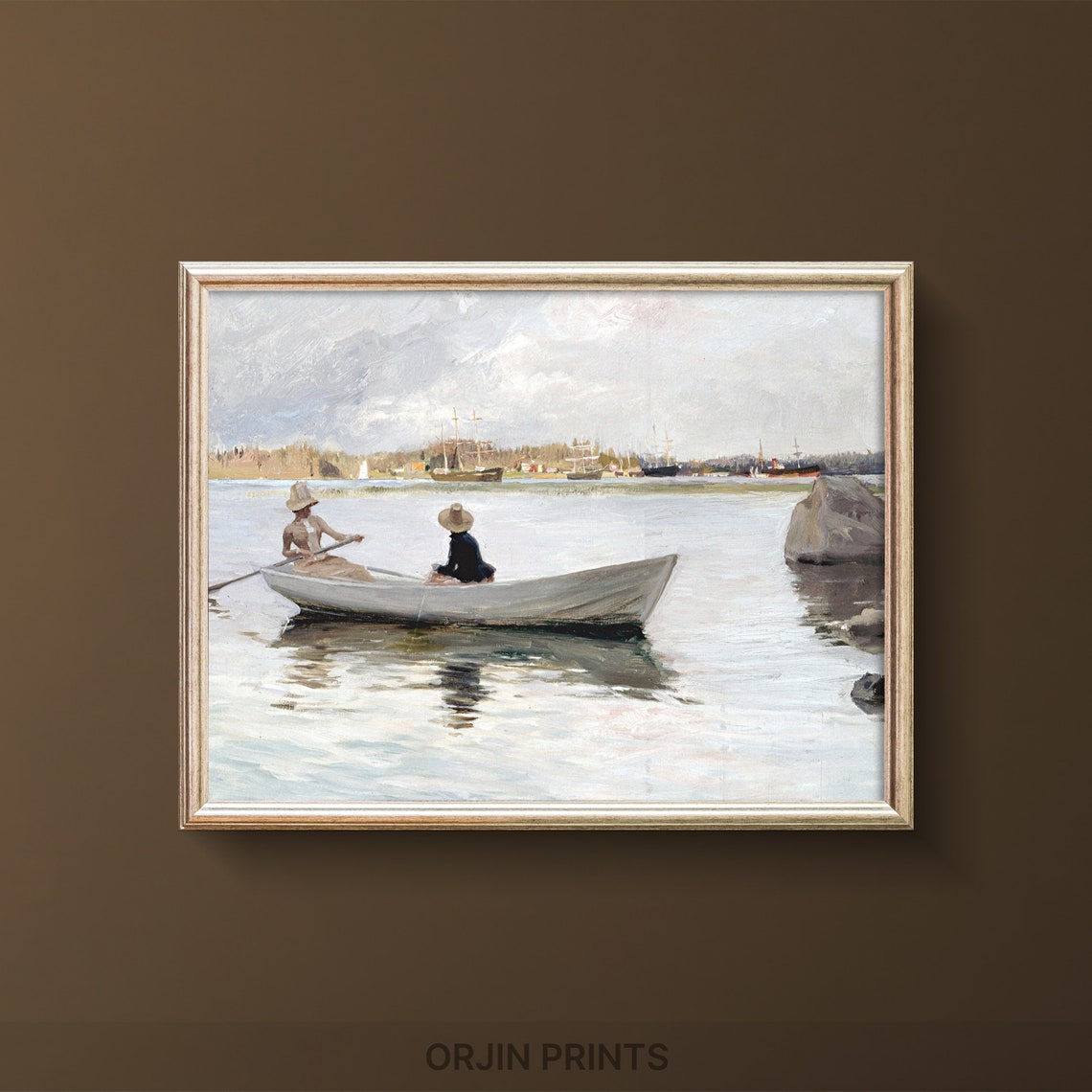 Vintage Rowboat River Scene Two Figures Rowing Past Tall Ships Poster