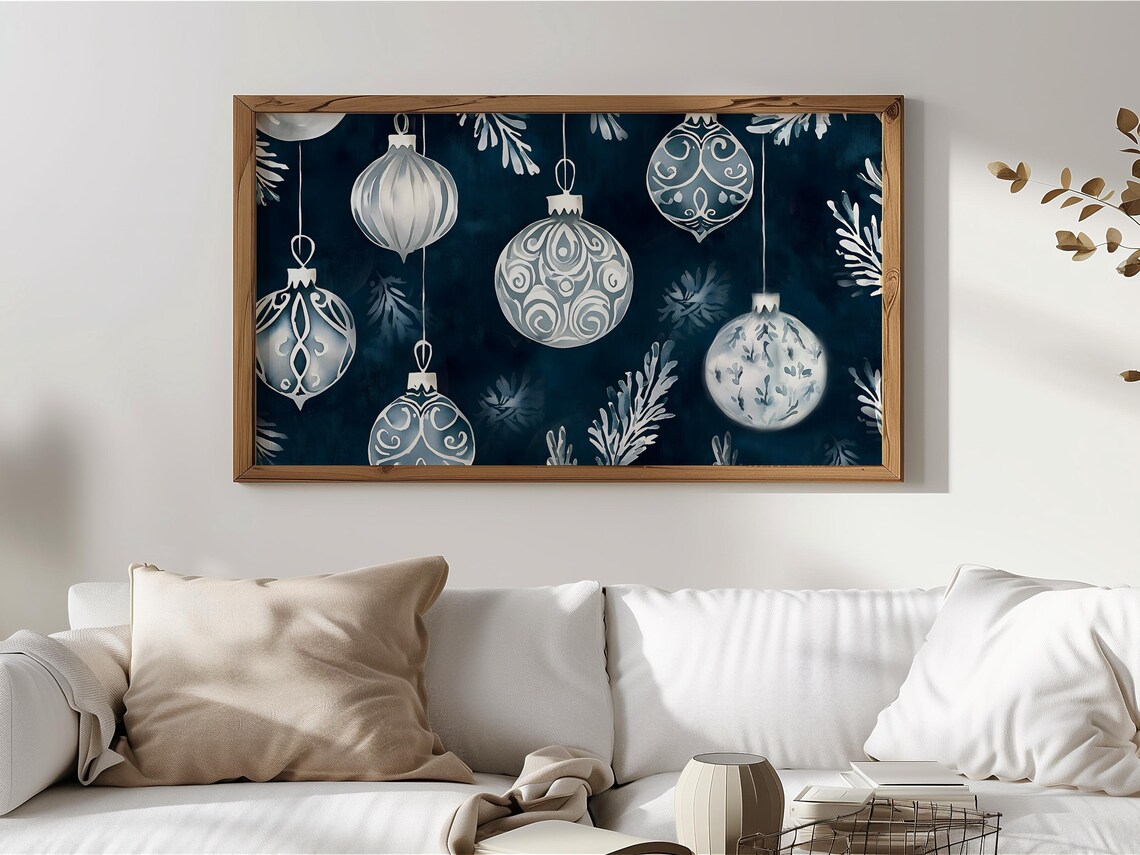 Blue White Christmas Ornaments Watercolor Moody Holiday Art Poster - Image 4