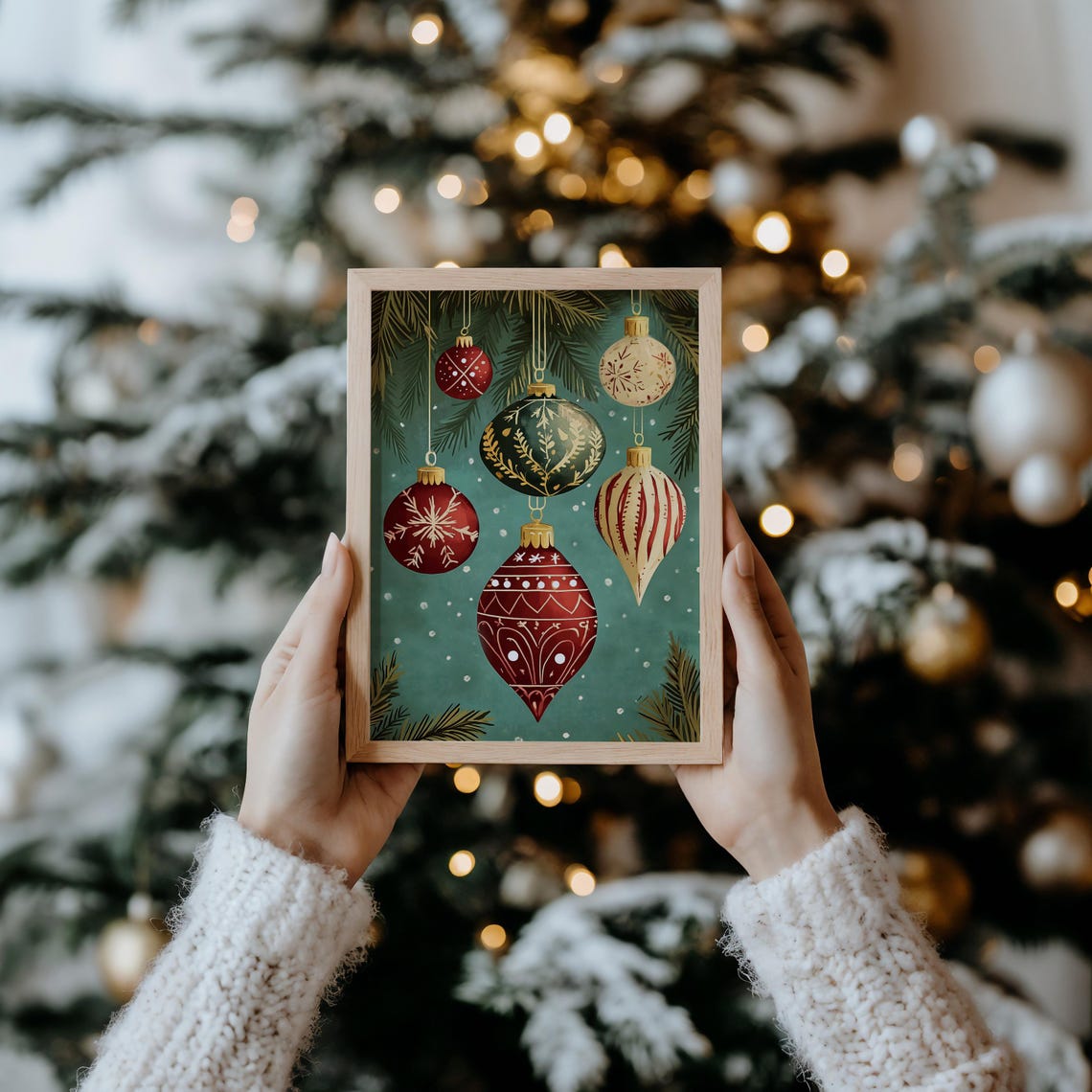 Vintage Christmas Ornaments Hanging Pine Branches Teal Art Poster - Image 4