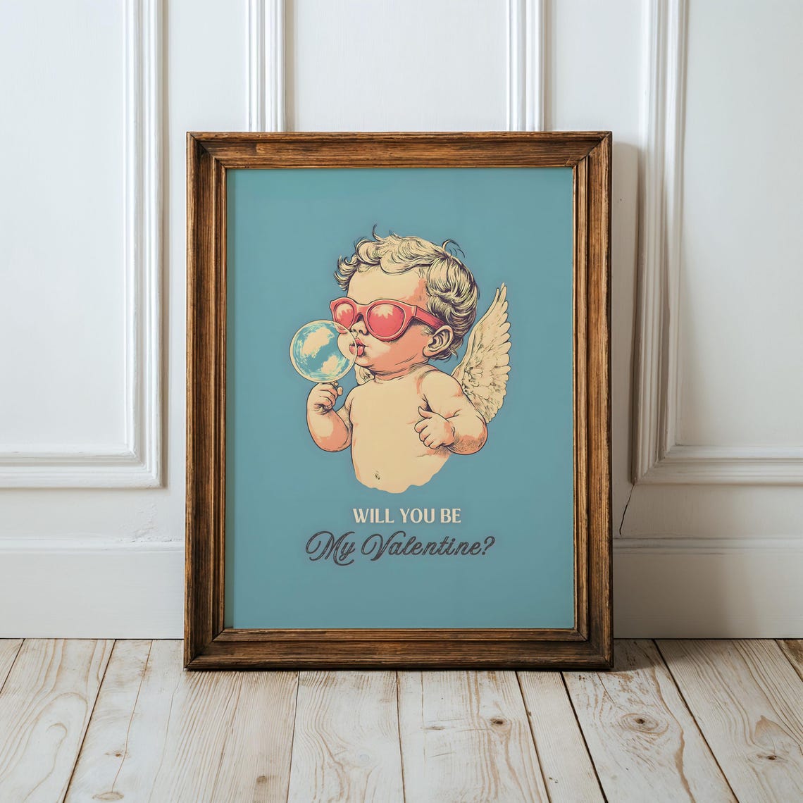 Retro Cupid Blowing Bubble Pink Sunglasses Will You Be Mine Poster - Image 6