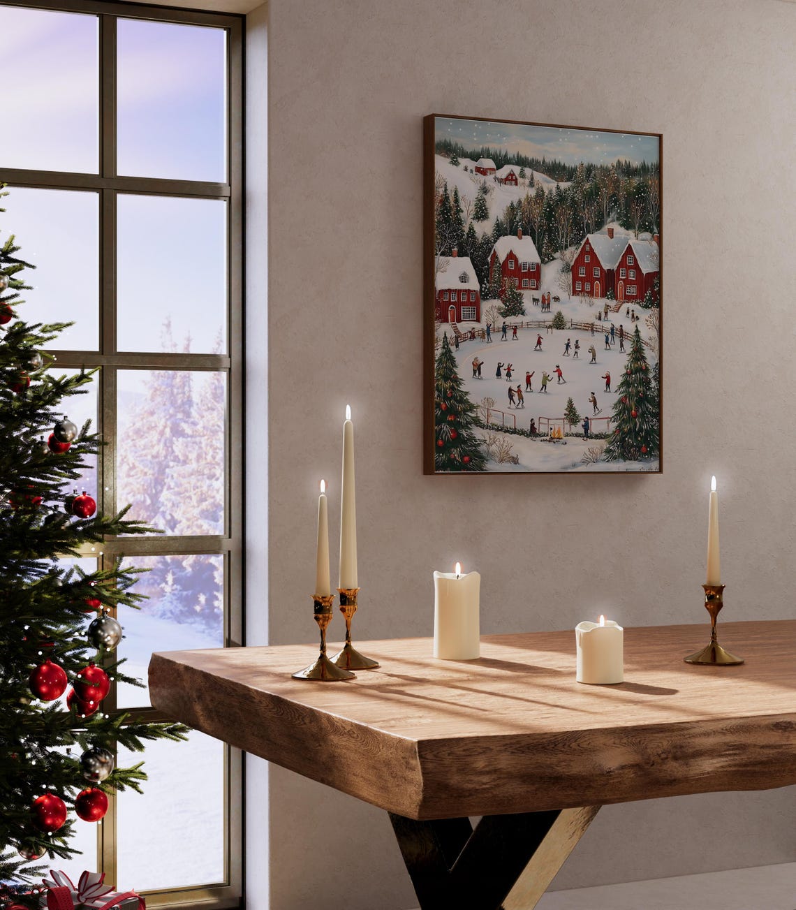 Red Cabins Ice Skating Pond Decorated Christmas Trees Art Poster - Image 5