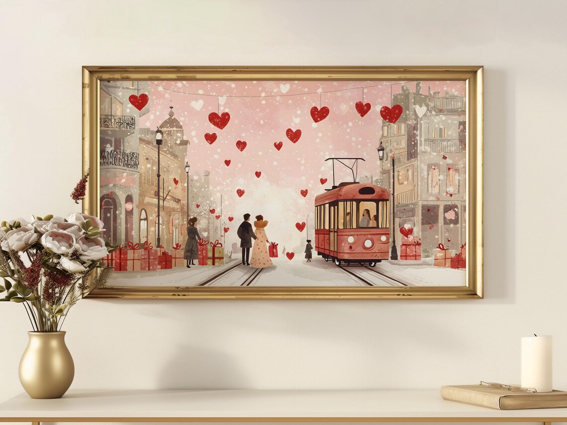 Valentine Snowy Pink Street Red Tram Gifts Hanging Hearts Poster - Image 4