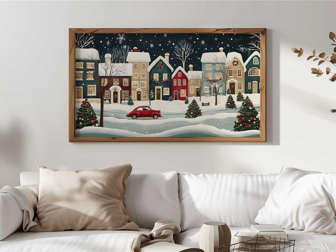 Christmas Town Night Snowy Village Red Vintage Car Holiday Poster - Image 3