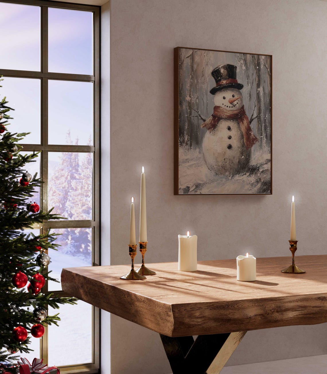 Smiling Snowman In Top Hat And Red Scarf In Winter Snowfall Poster - Image 5