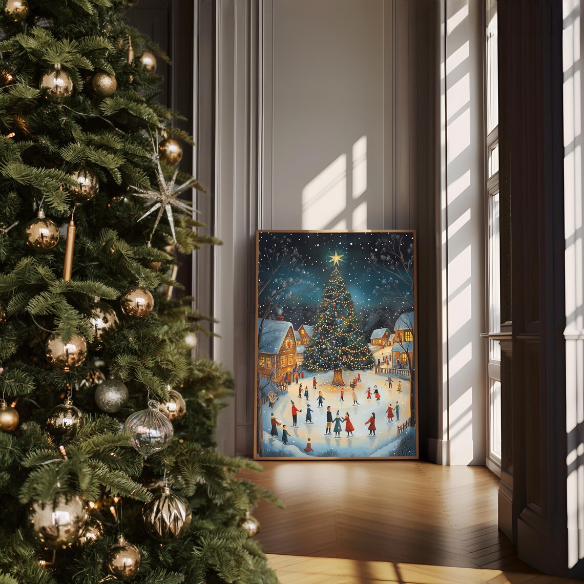 Village Christmas Tree Night Ice Skaters Pond Holiday Art Poster - Image 6