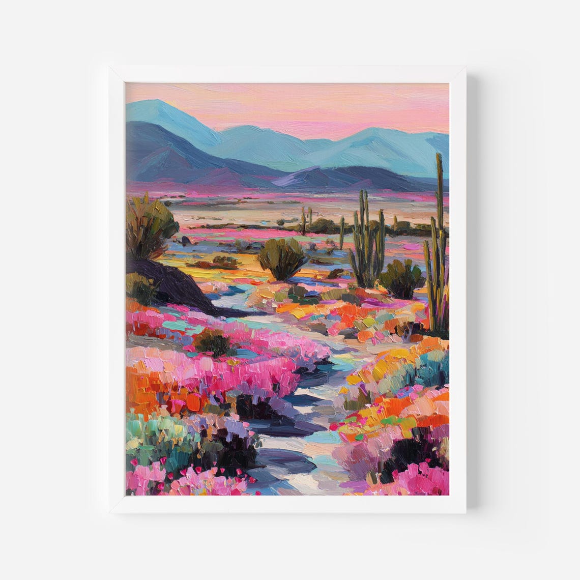 Pastel Desert Landscape Print Colorful Cactus Trail Art Bold Floral Southwest Wall Decor