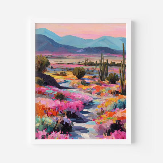 Pastel Desert Landscape Print Colorful Cactus Trail Art Bold Floral Southwest Wall Decor