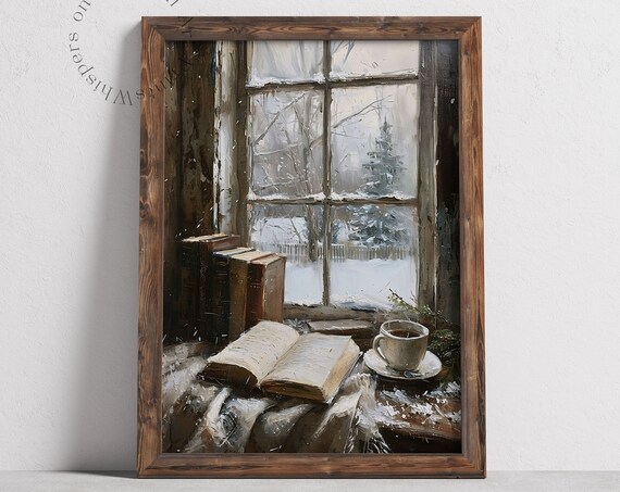 Coffee Wall Art Coffee And Books Print Moody Light Academia Painting Winter Cottagecore Art Neutral Wall Art
