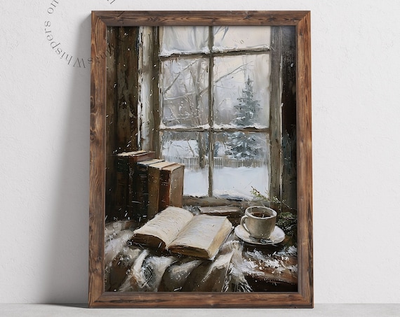 Open Book and Tea Cup by Snowy Window Winter Reading Nook Poster