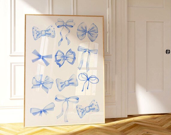Blue Watercolor Bow Coquette Aesthetic Ribbon Wall Decor Art Poster