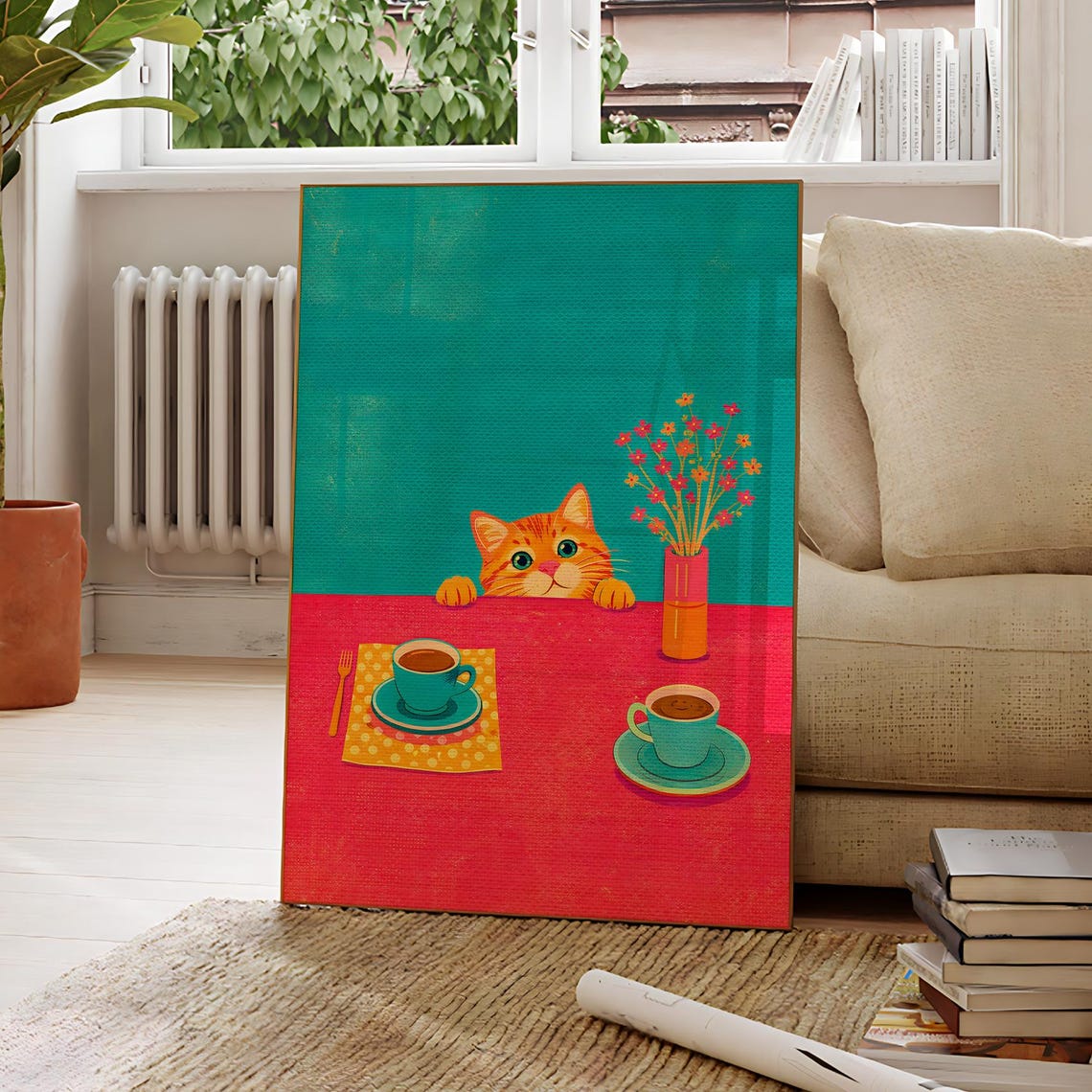 Sneaky Orange Tabby Cat Peeking Over Coffee Retro Kitchen Poster