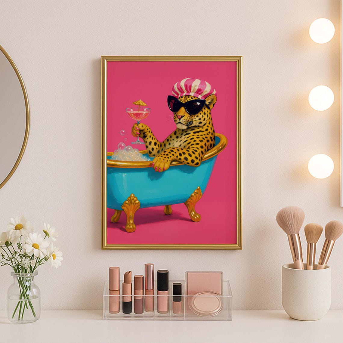 Leopard In Bathtub Cocktail Sunglasses Maximalist Pink Poster