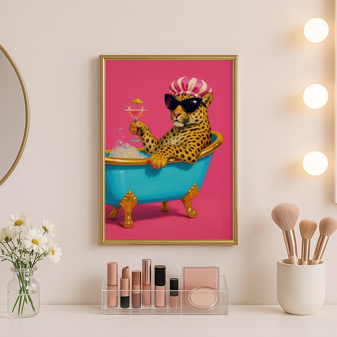 Leopard In Bathtub Print Bathroom Dopamine Funny Animal Poster Preppy Pink Prints Maximalist
