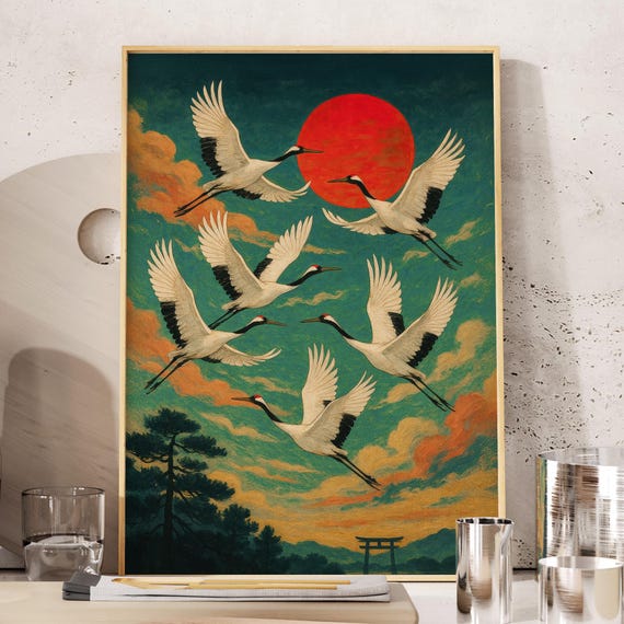 Japanese Crane Art Poster Maximalist Wall Wabi Sabi Japandi Print Red Sun Traditional Painting
