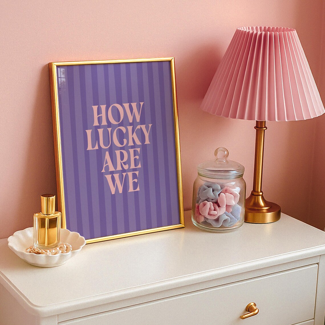How Lucky Are We Purple Striped Positive Quote Typography Poster