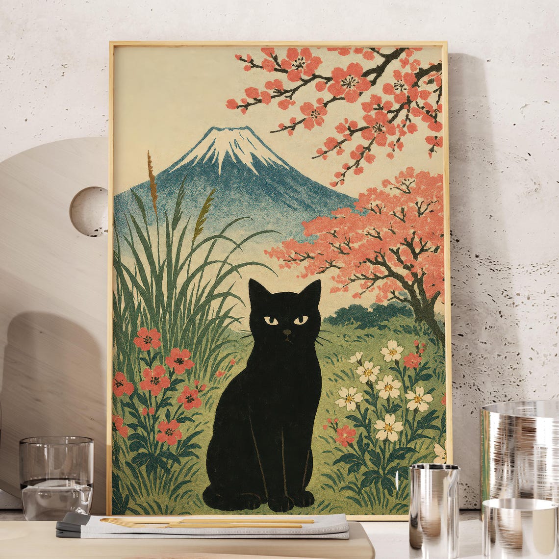 Black Cat Mount Fuji Cherry Blossoms Japanese Garden Floral Poster