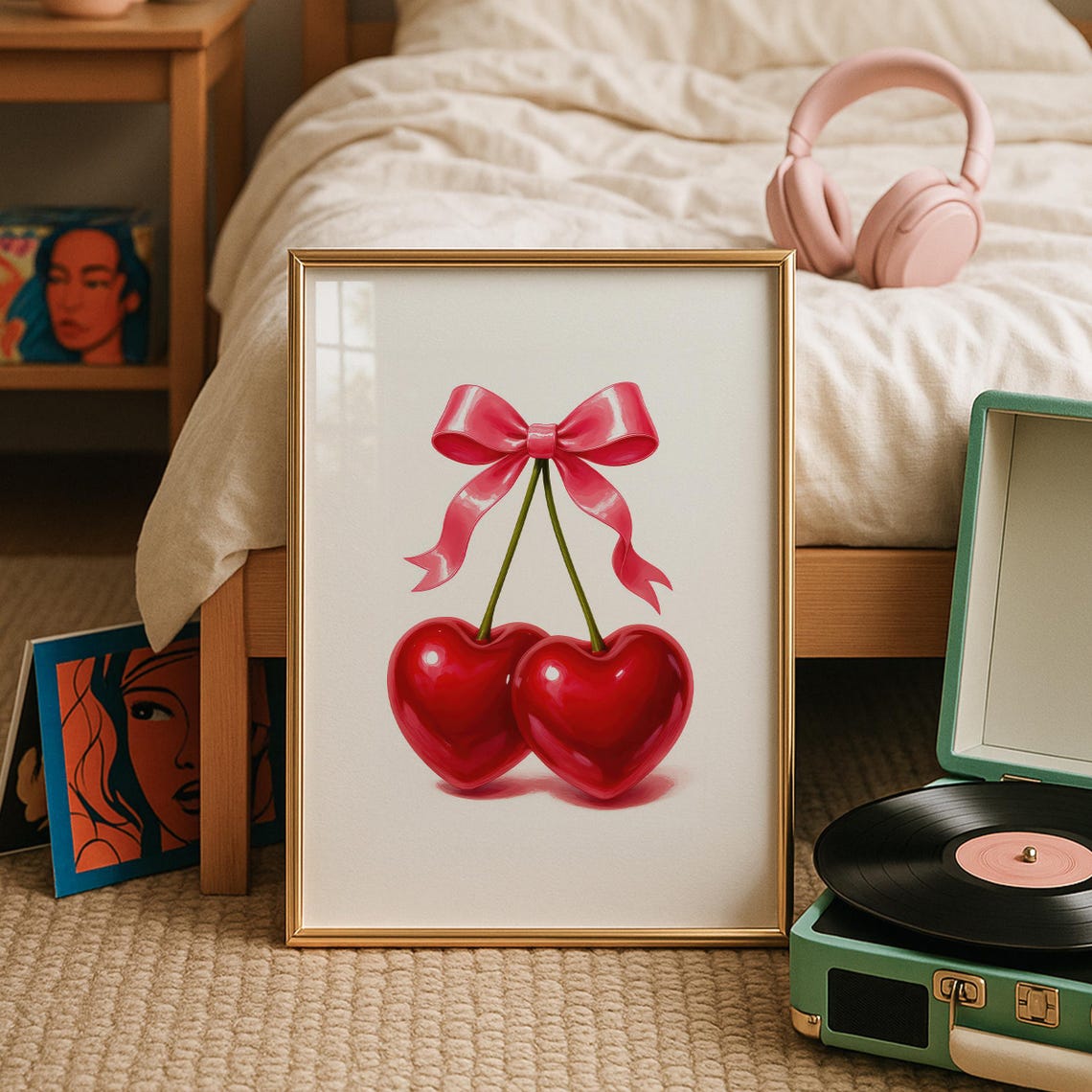 Red Heart Cherries Pink Bow Preppy Coquette Cute Room Decor Poster
